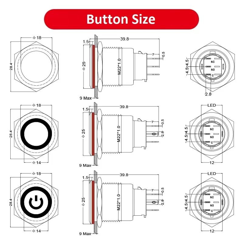 22mm Black Metal Push Button Switch Waterproof LED Light Self locking/Momentary Flat Head Switch with Connector