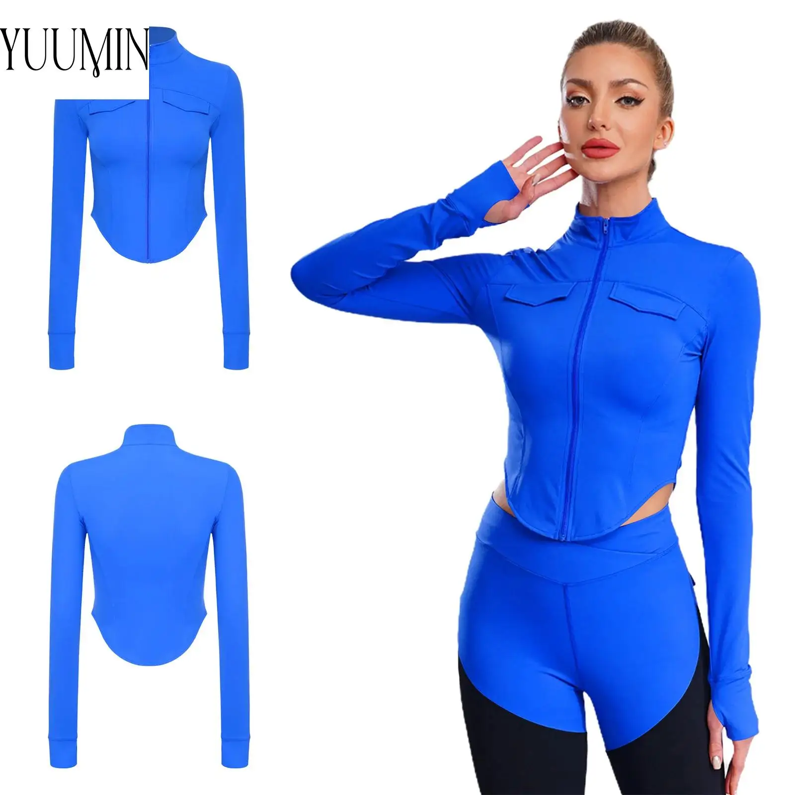 

Женская эластичная тренировочная куртка с изогнутым подолом на молнии для йоги, бега, спортивный топ с отверстиями для большого пальца, укороченный топ с длинными рукавами, верхняя одежда, спортивная одежда