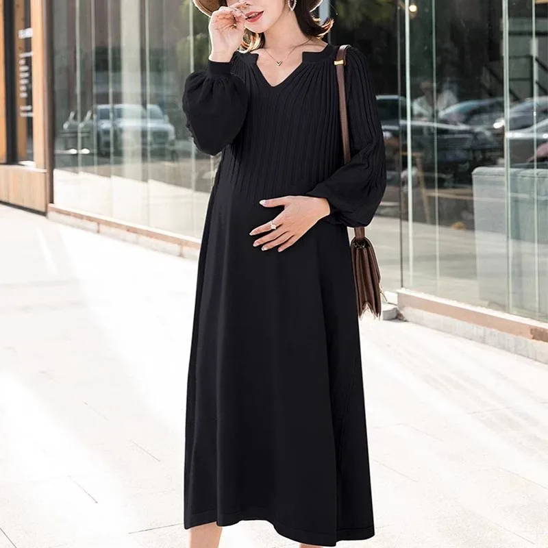 Autumn and Winter Maternity Clothing Long Sleeve V-Neck High Waist Fly Pregnancy Knitting Dresses Women Sweaters Knitwear Dress