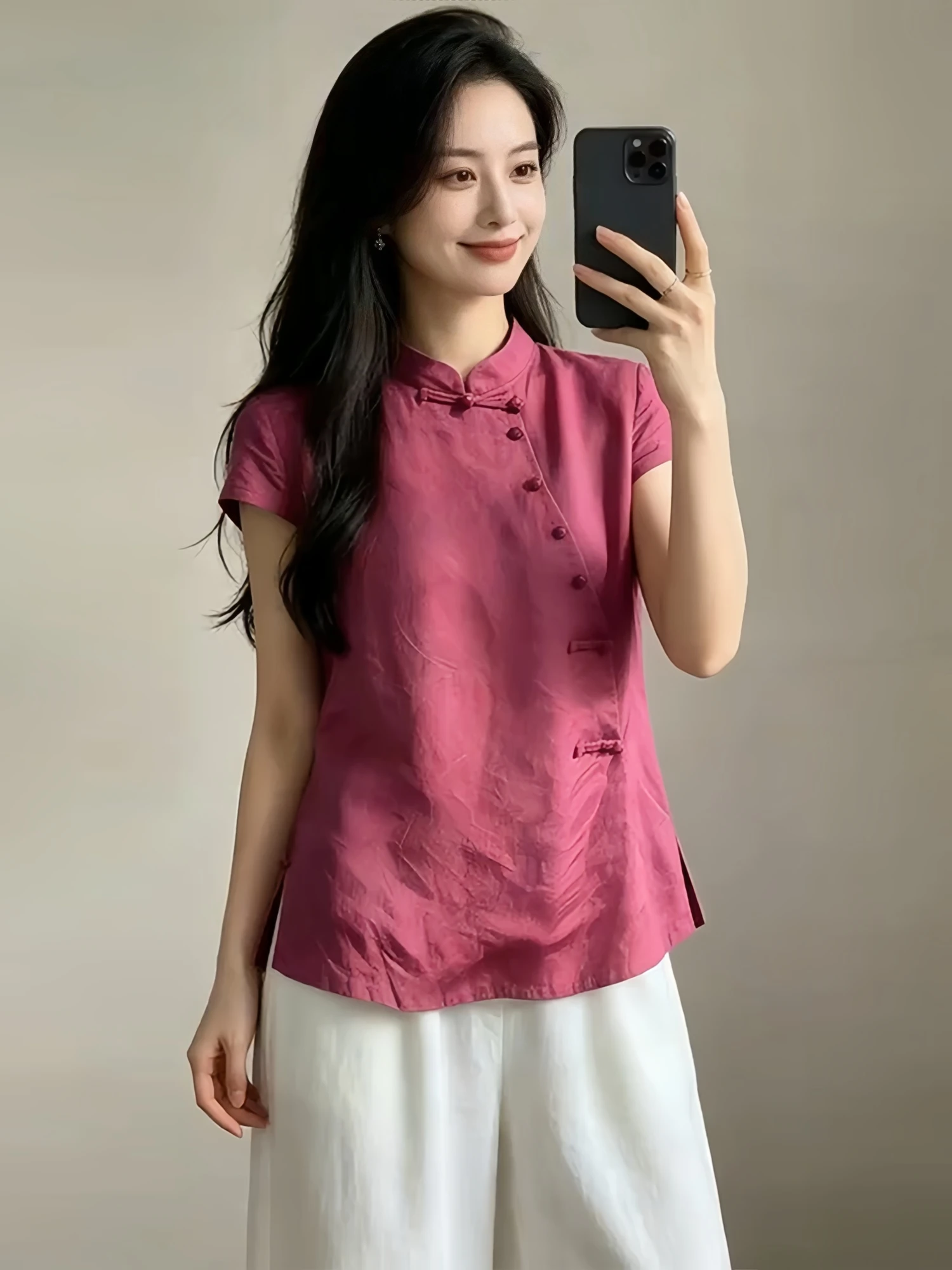 

Anti-Aging Chinese Style Shirt for Women 2026 New Style Small Batch Button Stand Collar Slimming Versatile Short Sleeve Shirt