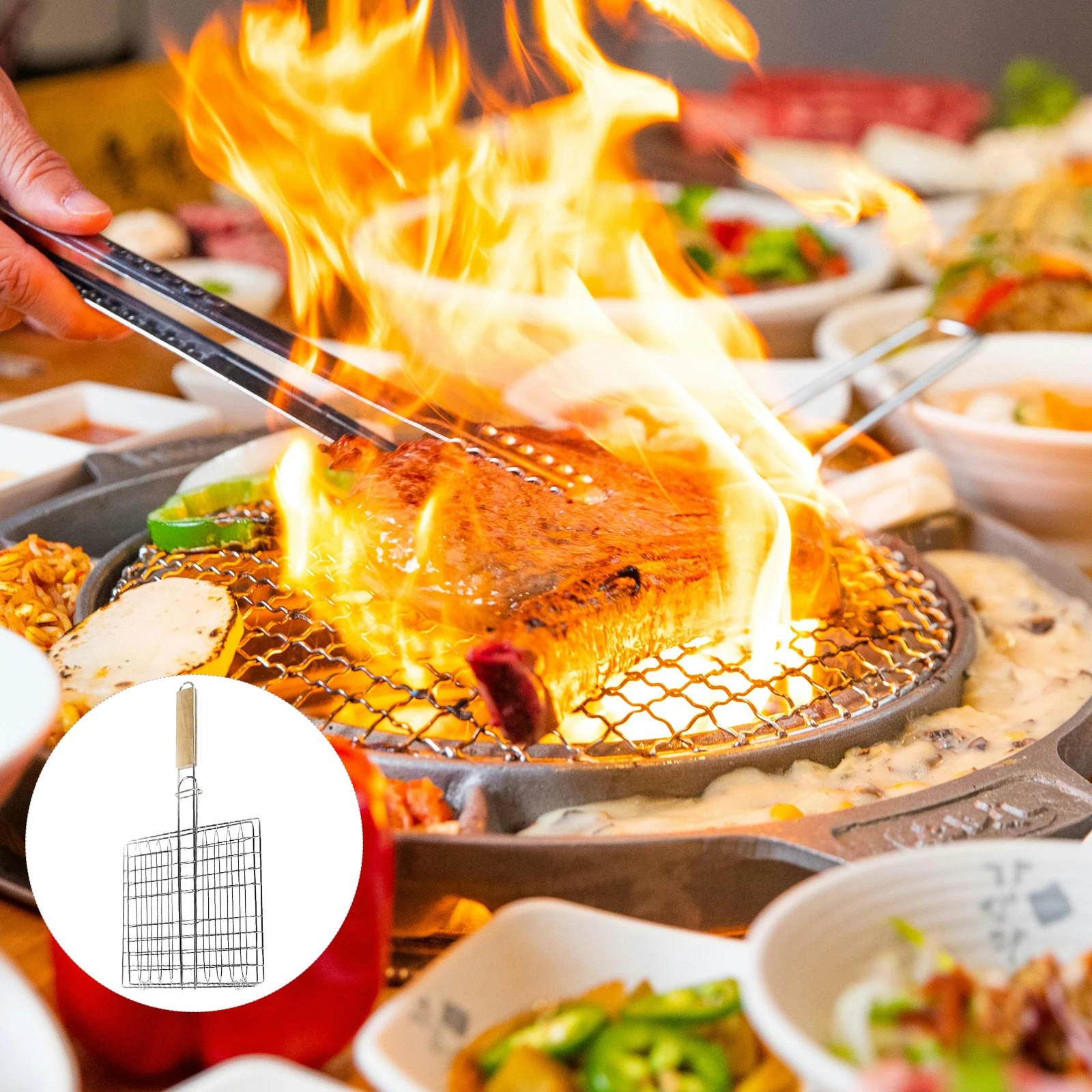 

Stainless Steel Bbq Grill Basket Wood Handle For Fish Steak Camping Picnic Outdoor Barbecue Grilling Kitchen Tool