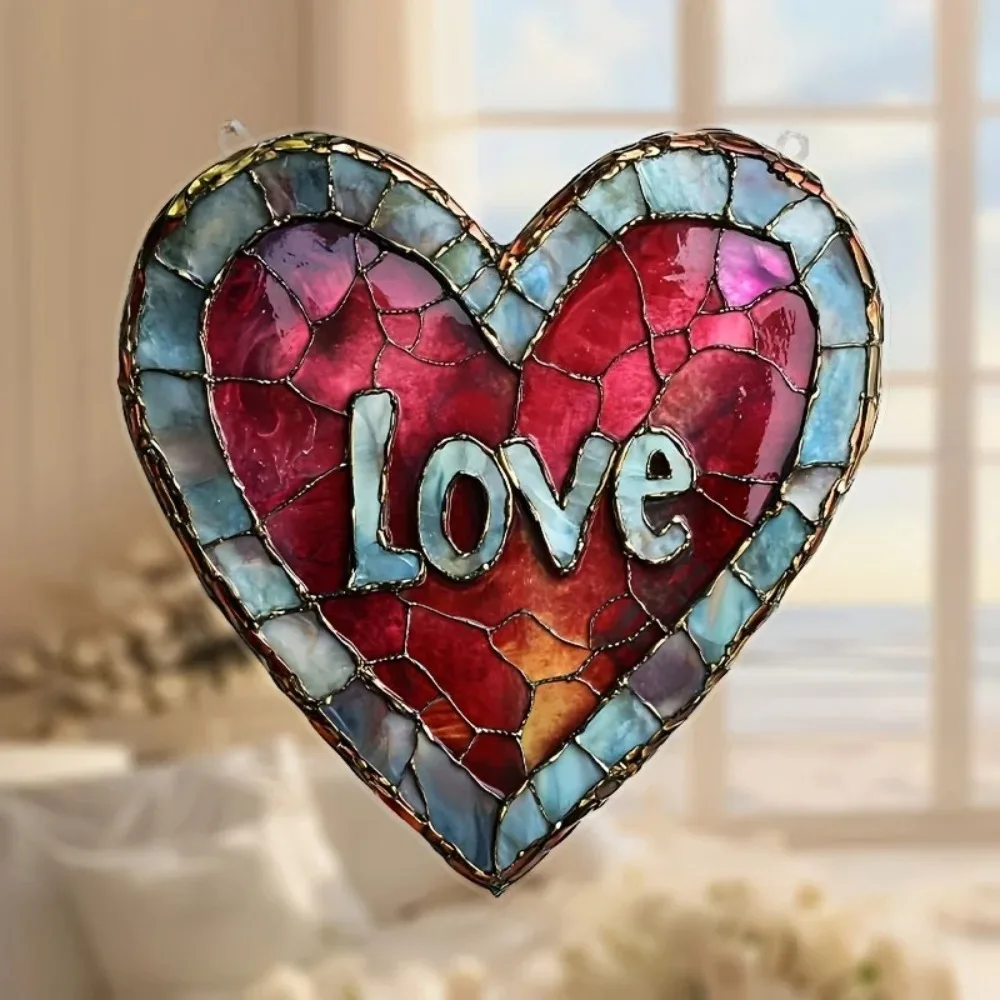 HELLOYOUNG Sonnenfänger Herzförmig LOVE Acryl Buntglas Fensterdekoration mit Aufschrift Romantisch Valentinstag Jahrestag