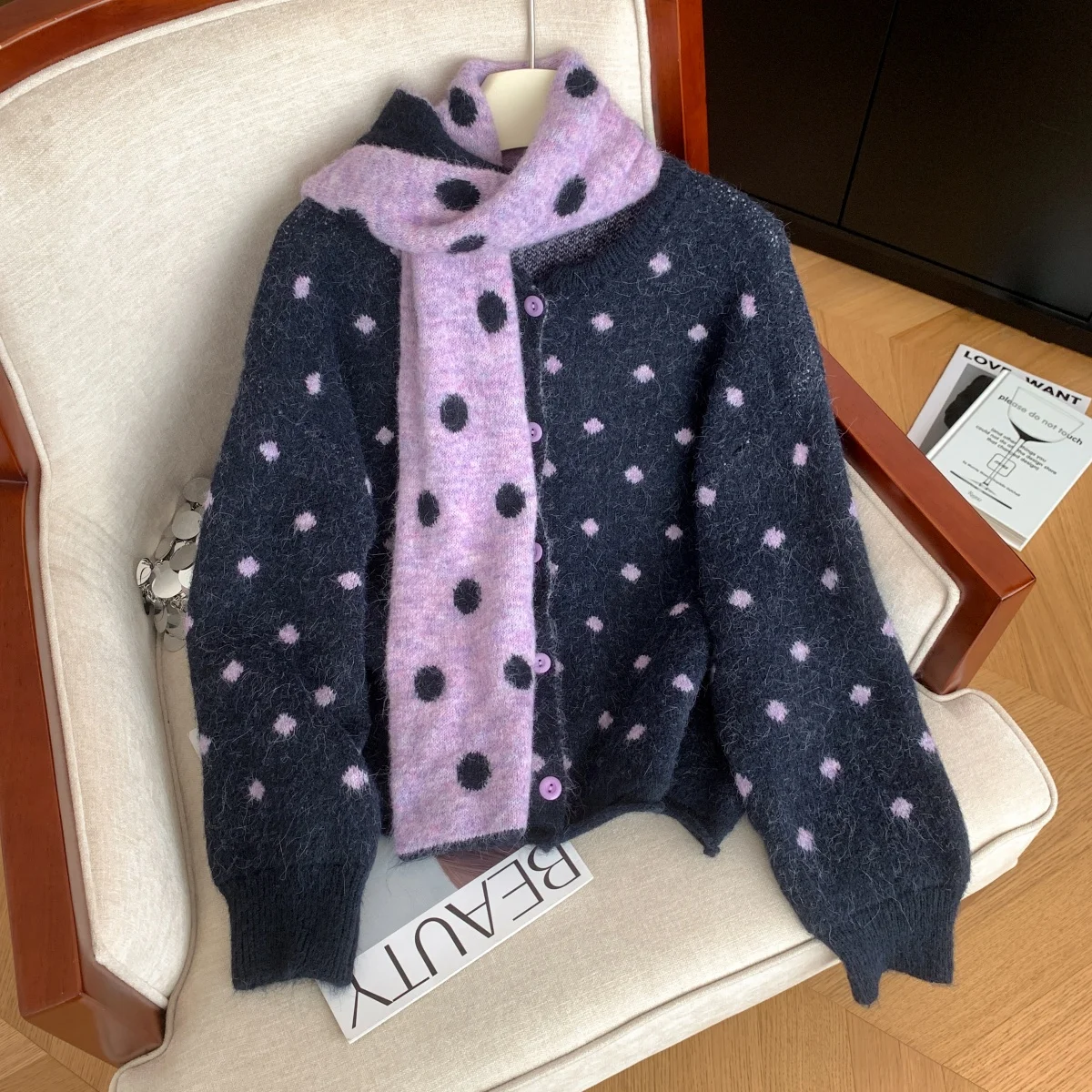 

Women's Navy Cardigan Sweater with Scarf Y2k Vintage 2000s Elegant Jumper Knit Long Sleeves Polka Dot Sweater Autumn Winter 2025