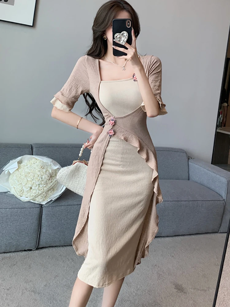 Women Fashion Patchwork Fake Two Piece Midi Dress Summer Short Sleeve Square Collar Ruffled Dress 2024 Korean Elegant Prom Dress