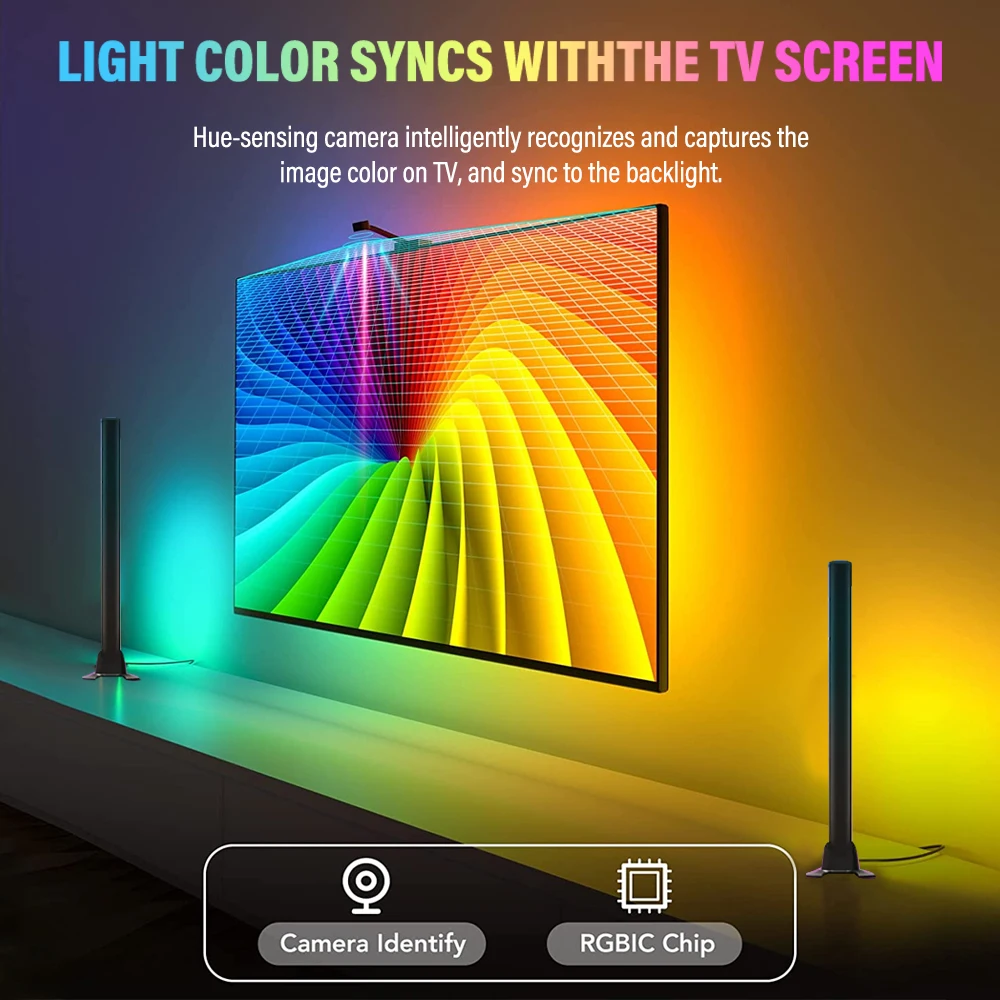 LED Light with Camera TV Screen Synchronization Intelligent RGBIC WiFi Light Bar for Game Bedroom TV Background Ambient Light