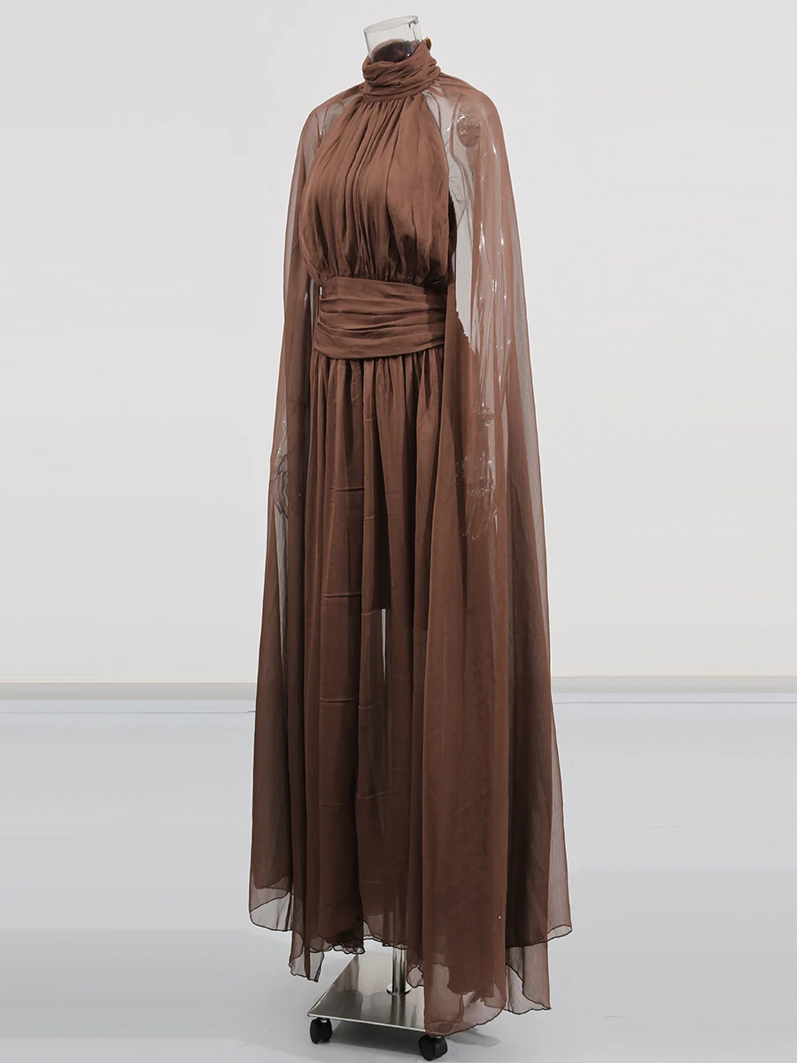 TWOTWINSTYLE solide minceur épissé plis tempérament robes pour femmes col haut manches longues dos nu robe transparente femme nouveau