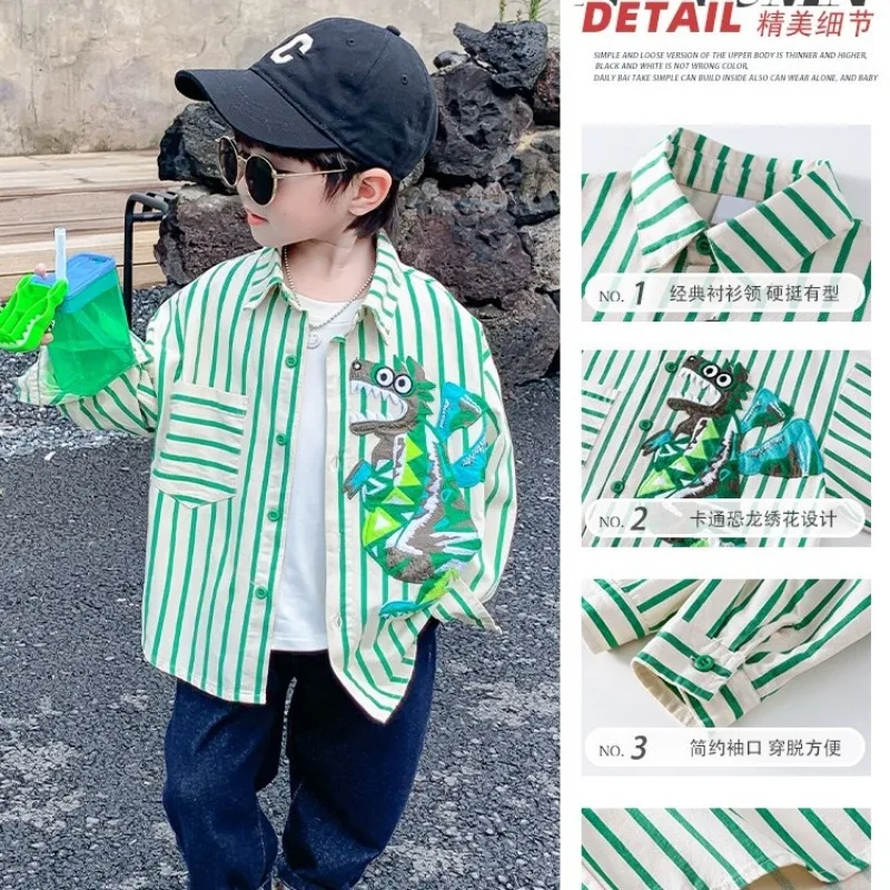 Toddler Baby Boys Shirts Spring And Autumn 2026 New Children's Fall Stripes Handsome Infant Kid Boys Dinosaur Shirt Top