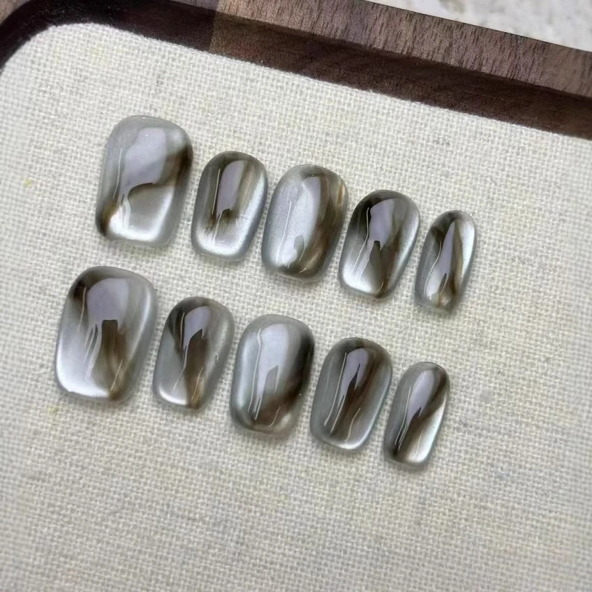 

10Pcs Short Square Round Shape Purely Hand-worn Armor Cat Eye Smudging Advanced Whitening Nail Piece Removable