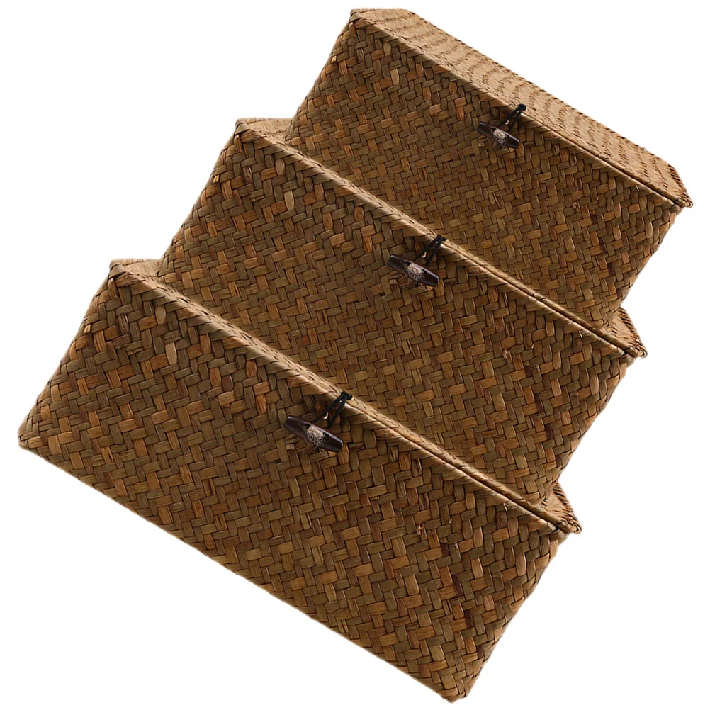 

3 Pcs Basket Lids Office Trash Can Shelves Woven Baskets with Rustic Storage Bins Rattan Furniture Decorate