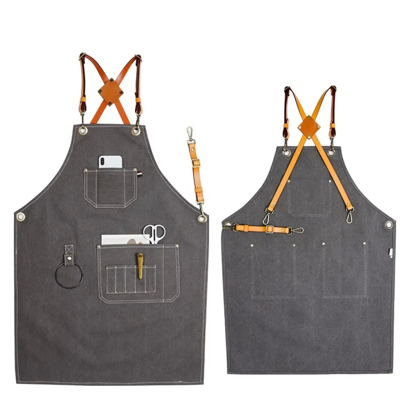 

Gray Canvas Apron Cowhide Leather Strap Florist Hairdresser Barber Workwear Barista Bartender Pastry Chef Culinary Uniform K61