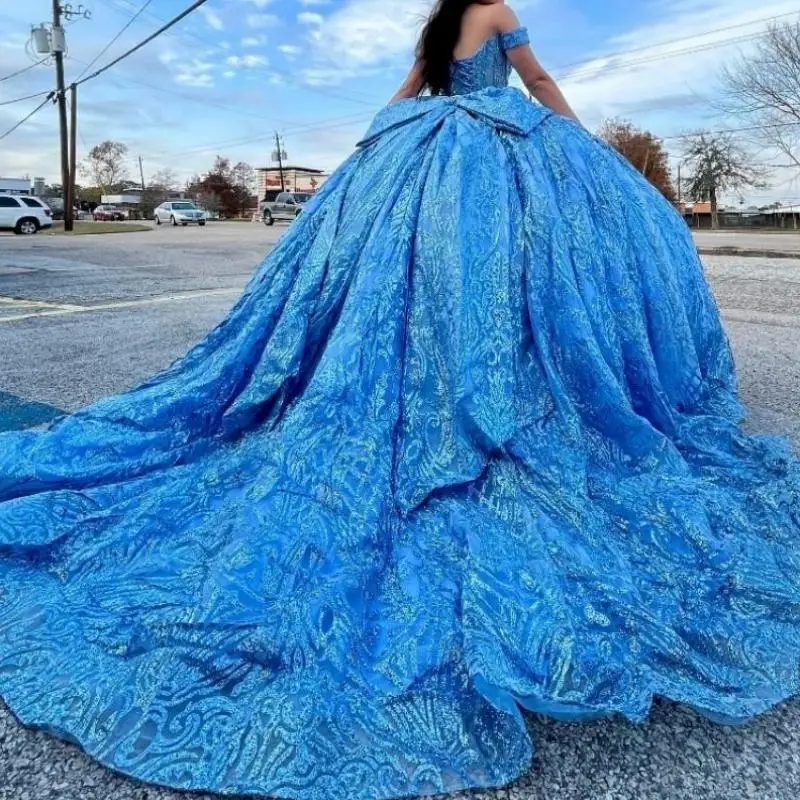 

Mexico Shinny Sequined Quinceanera Dresses Off Shoulder Bow Sweet 16 Year Girls Prom Dress Women Birthday Party Gown Vestido 15