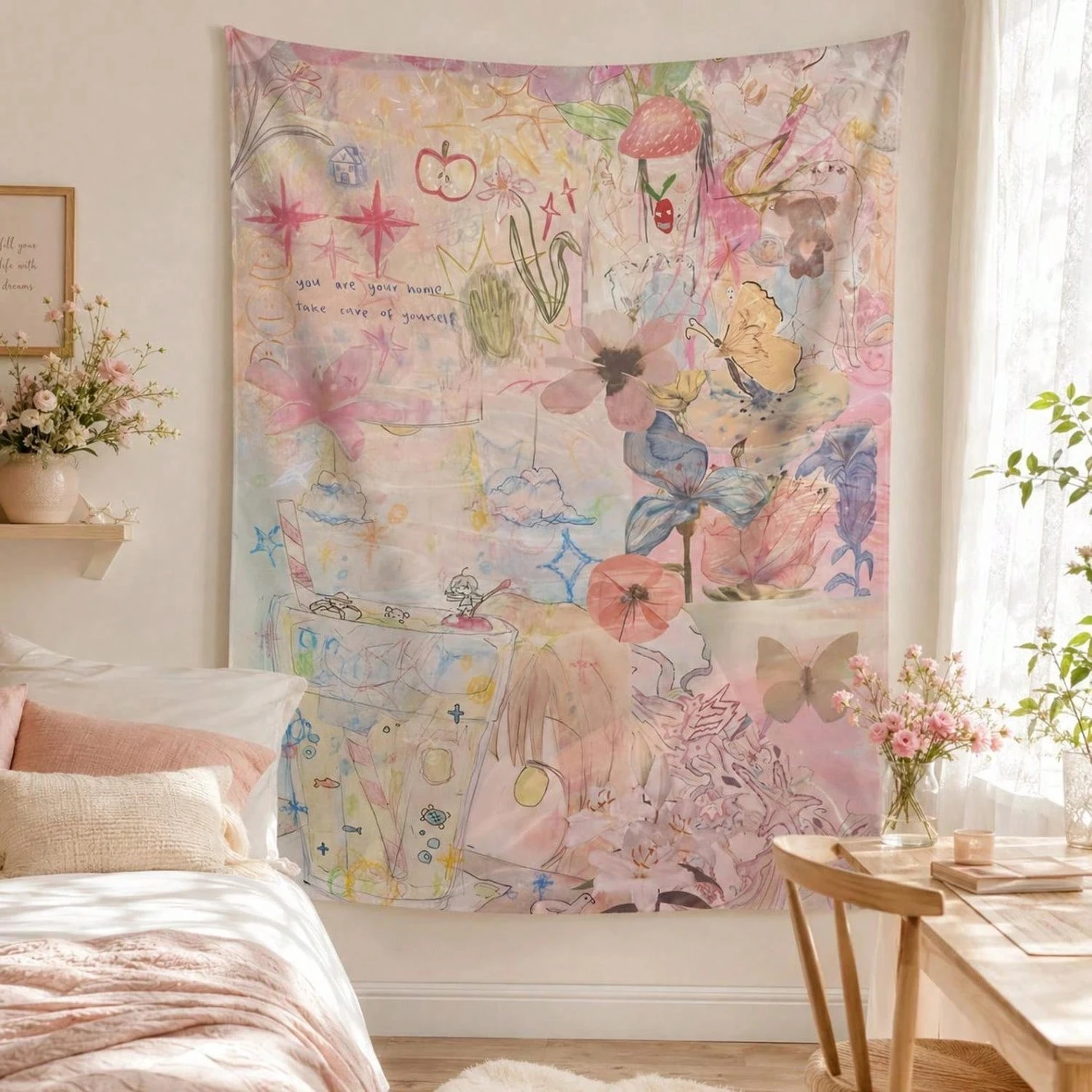 1pc Anime Sketch Collage Tapestry Floral Butterfly Strawberry Apple Positive, Suitable For University Dormitories, Bedrooms