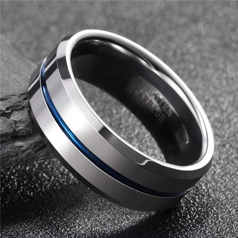 Tigrade Men Rings 8mm Tungsten Wedding Band Silver Color with Blue/Gray Line Stylish Male anillos hombre Anniversary Ring