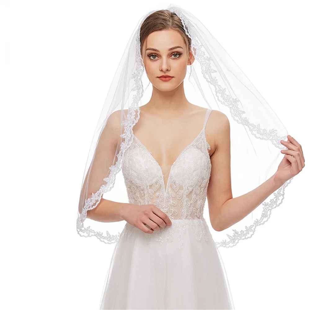 الأبيض طبقة واحدة الدانتيل حافة الحجاب الزفاف ، قصيرة مع مشط ، اكسسوارات الزفاف ، والأزياء ، وتجارة الجملة ، 90x120 سم ، 2023