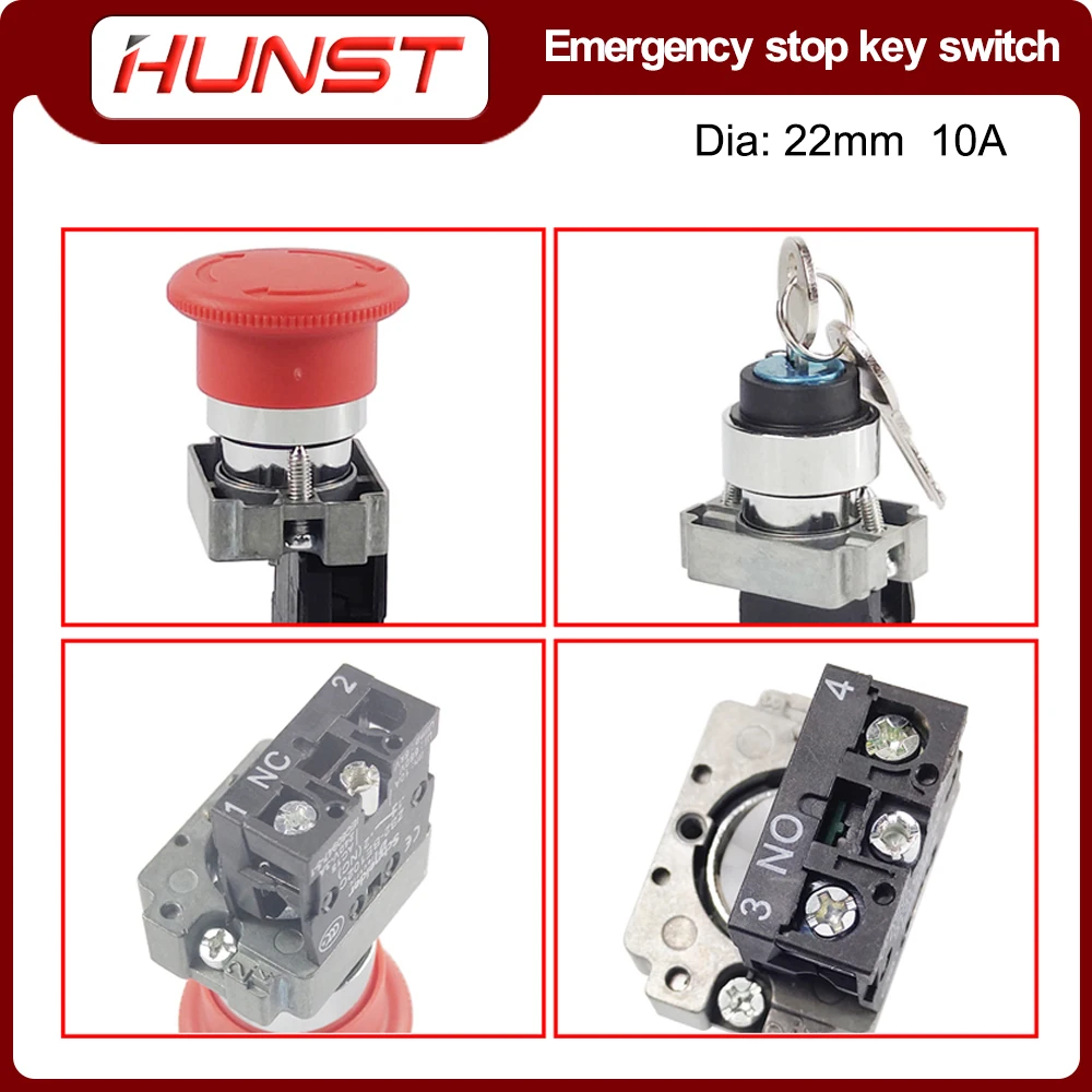 Pulsante di arresto di emergenza Hunst interruttore a chiave NC NO AC15 10A per macchina da taglio per incisione Laser CO2 e macchina per marcatura