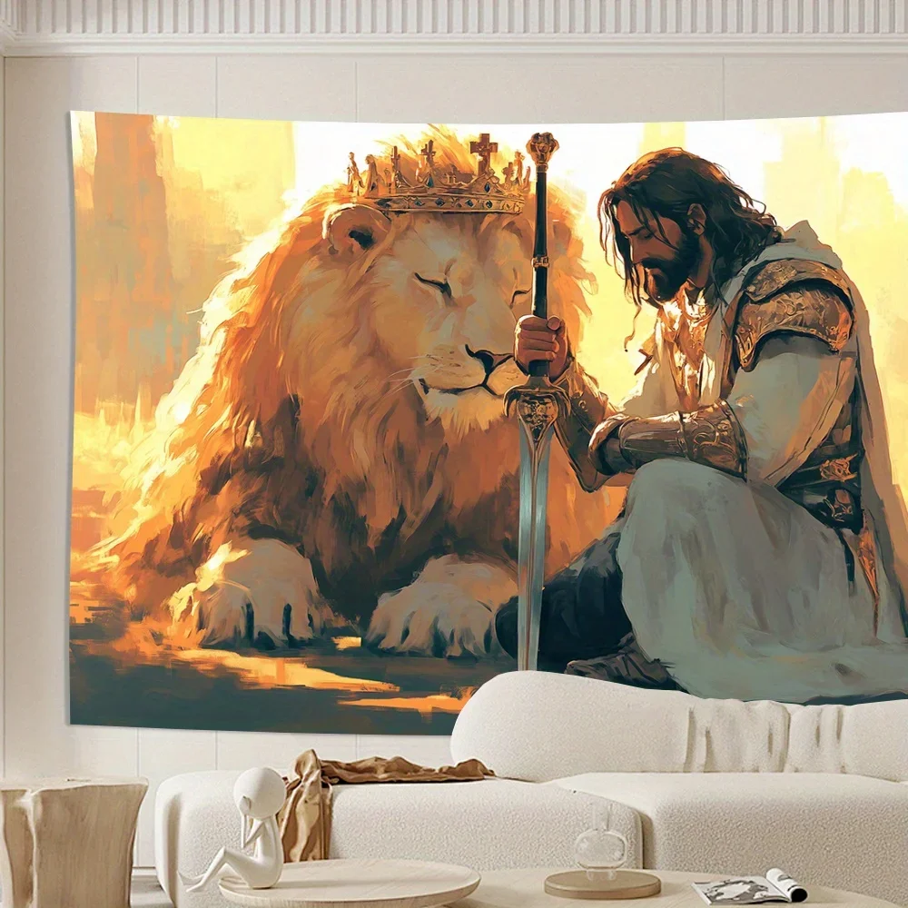 1pc Glam Style 3d Lion And Knight Tapestry For Living Room Bedroom Office Party Polyester Wall Hanging Decoration Gift