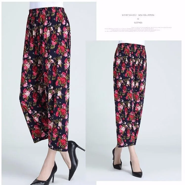 Ice Silk Loose Wide Leg Pants Women Summer Thin Floral Print Casual Loose Fit Nine Points Mid-aged And Elderly Mom Comfortable