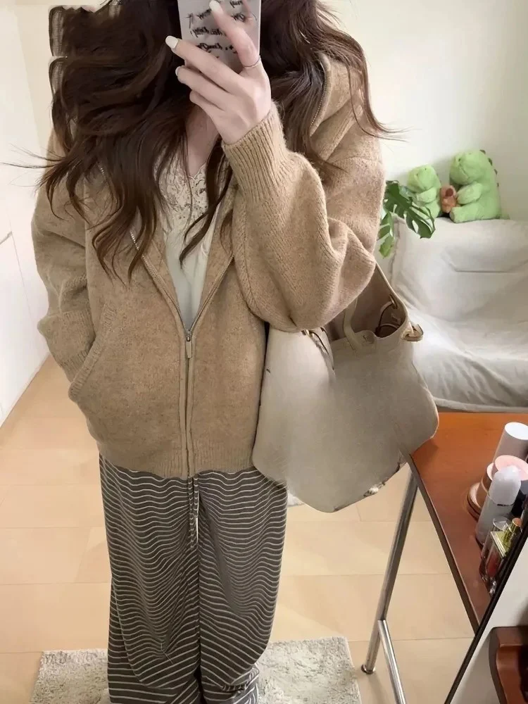 

Свитер с капюшоном, женский осенне-зимний свободный винтажный модный однотонный милый вязаный кардиган с карманами на молнии, женский повседневный