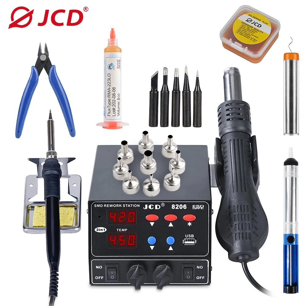 

JCD 800W Soldering Station 3 IN 1 Hot Air Gun Soldering Iron USB Connector Rework Station For Phone PCB IC SMD BGA Welding tools