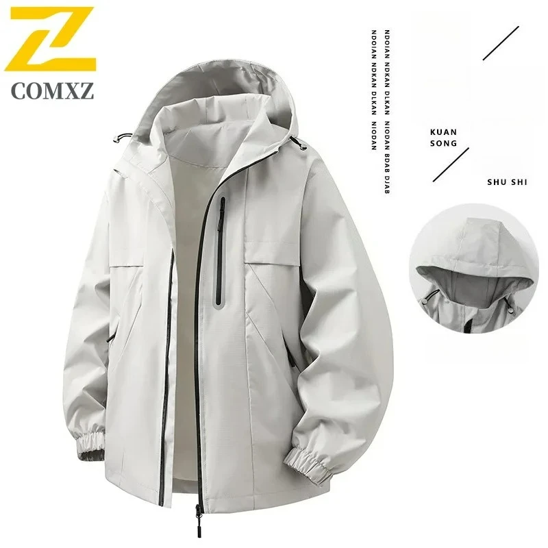 COMXZ 2025 New Hooded Jacket Men Oxford Check Water Resistant Mountain Wear High Quality Youth Outwear Parka Coat