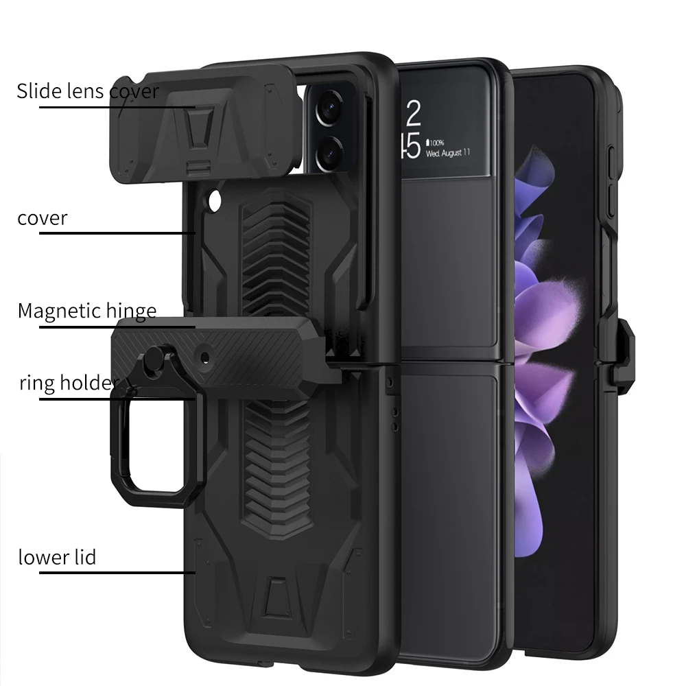 For Samsung Galaxy Z Flip 4 Phone Case Back Slide Camera Protection ring holder Hard Cover Galaxy Z Flip 3 Magnetic Hinge Case