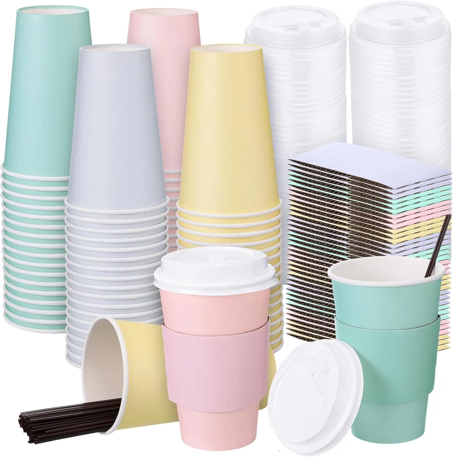 

100 Pack Disposable Coffee Cups 16 oz Spring Paper Coffee Cups Bulk with Lids Sleeves Straws Pastel Insulated Drinking f