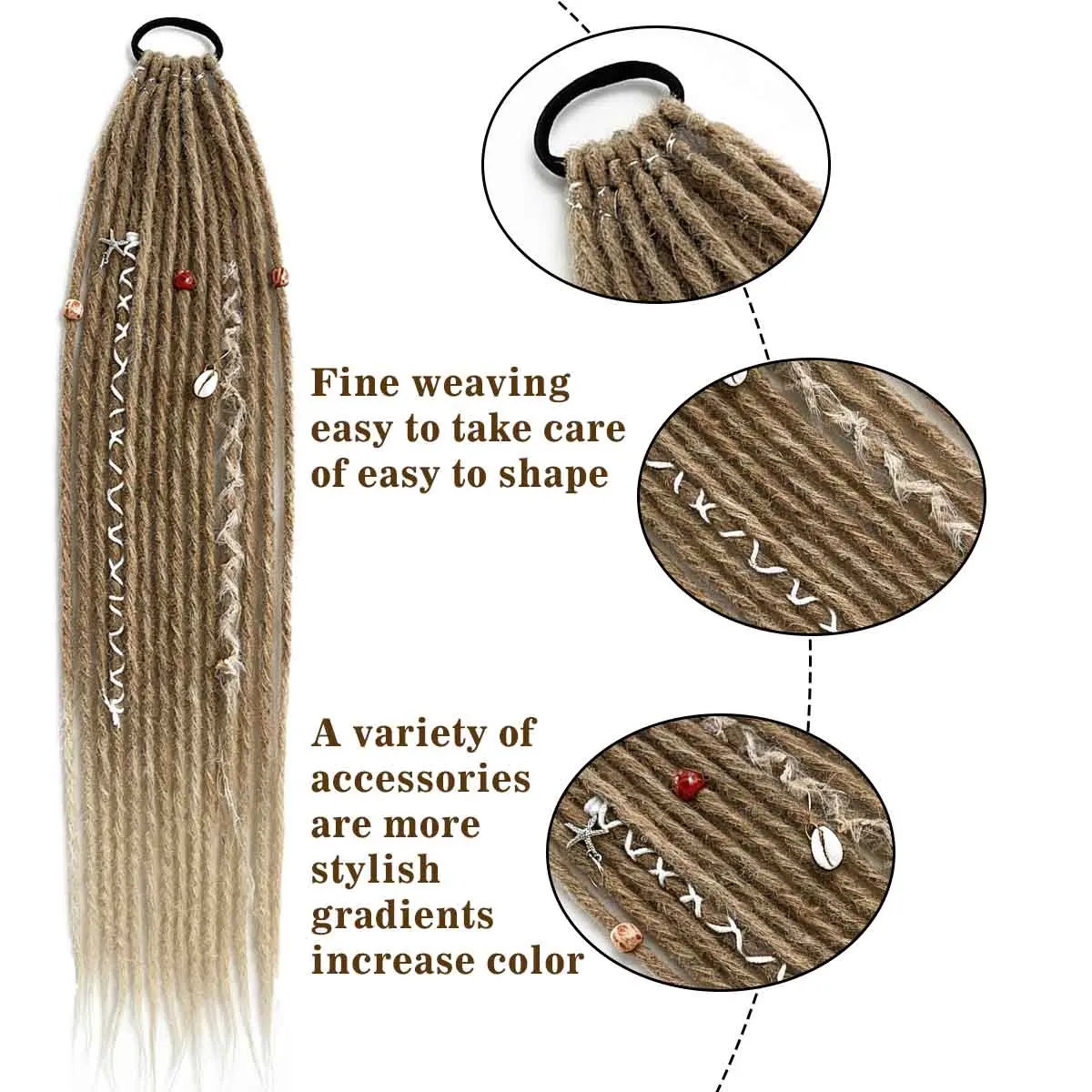 Goddess Locs Ponytail Hair Tie Synthetic Long Dreadlock Braids Hair Extensions With Shell Wooden Beads Bohemian For Women