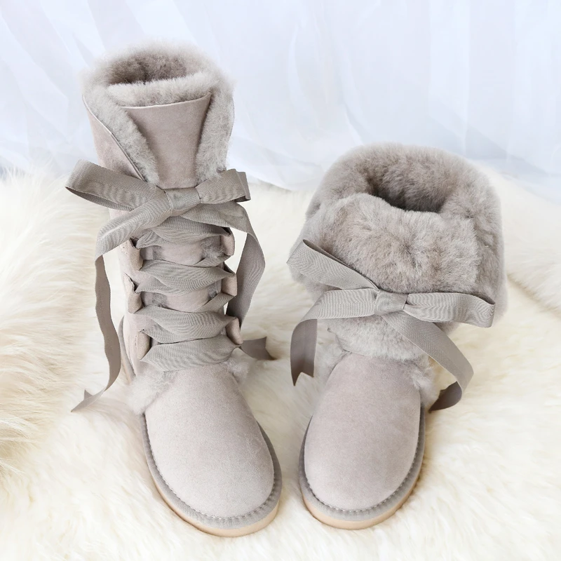 New Winter Pink Lolita Shoes Women Short Snow Boots Kawaii Platform Lace Up Think Warm Genuine Sheep Leather Plush Wool