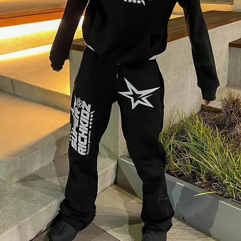 Calças casuais masculinas de perna reta, calças soltas com estampa de letras americanas retrô streetwear