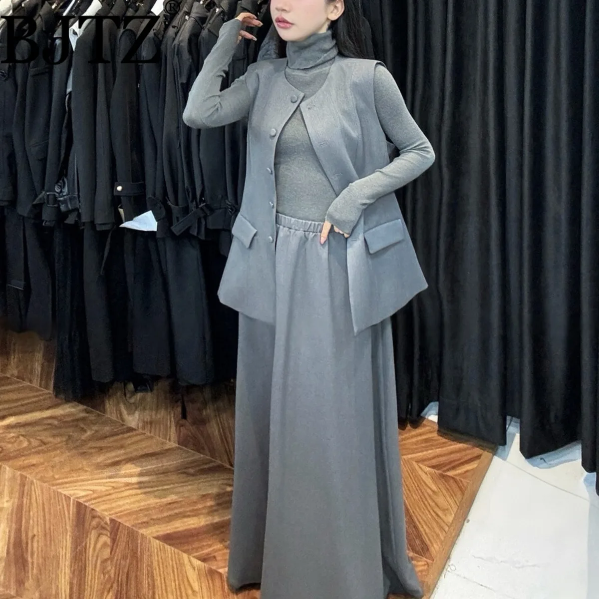 

BJTZ 2025 Fall Winter Luxury Knit Vest Skirt Set Ribbed Turtleneck Thick Warm Office Lady Chic Tailored Minimalist Workwear Suit