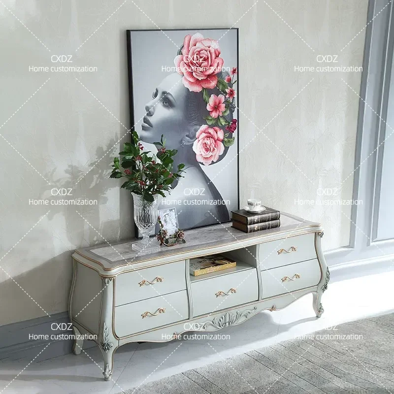 1.6m French Style European Sassafras Wood Floor TV Cabinet with Carved Details and Pull Strips Vintage Living Room Storage