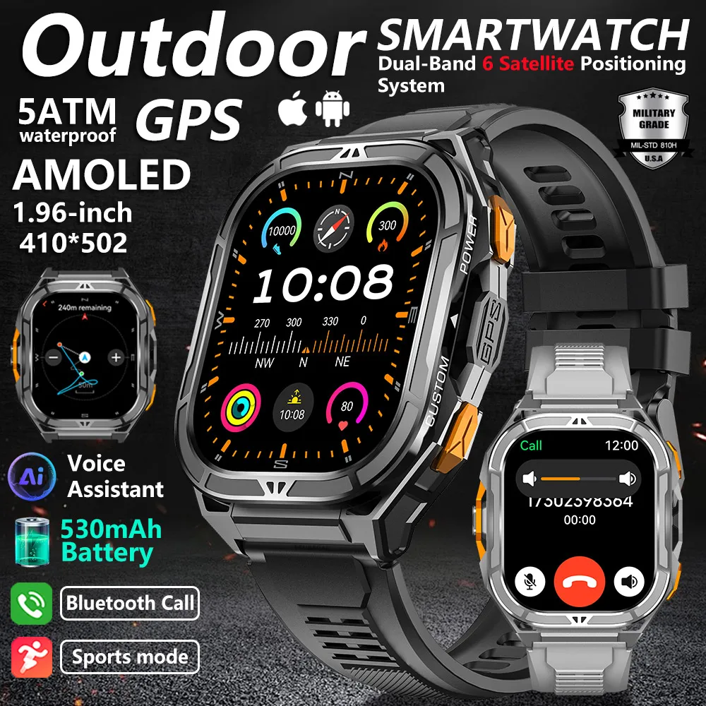 

2025 New Men's GPS Smartwatch 1.96inch HD AMOLED Screen Compass Bluetooth Call 5ATM Waterproof For Android iOS Sport Smart Watch