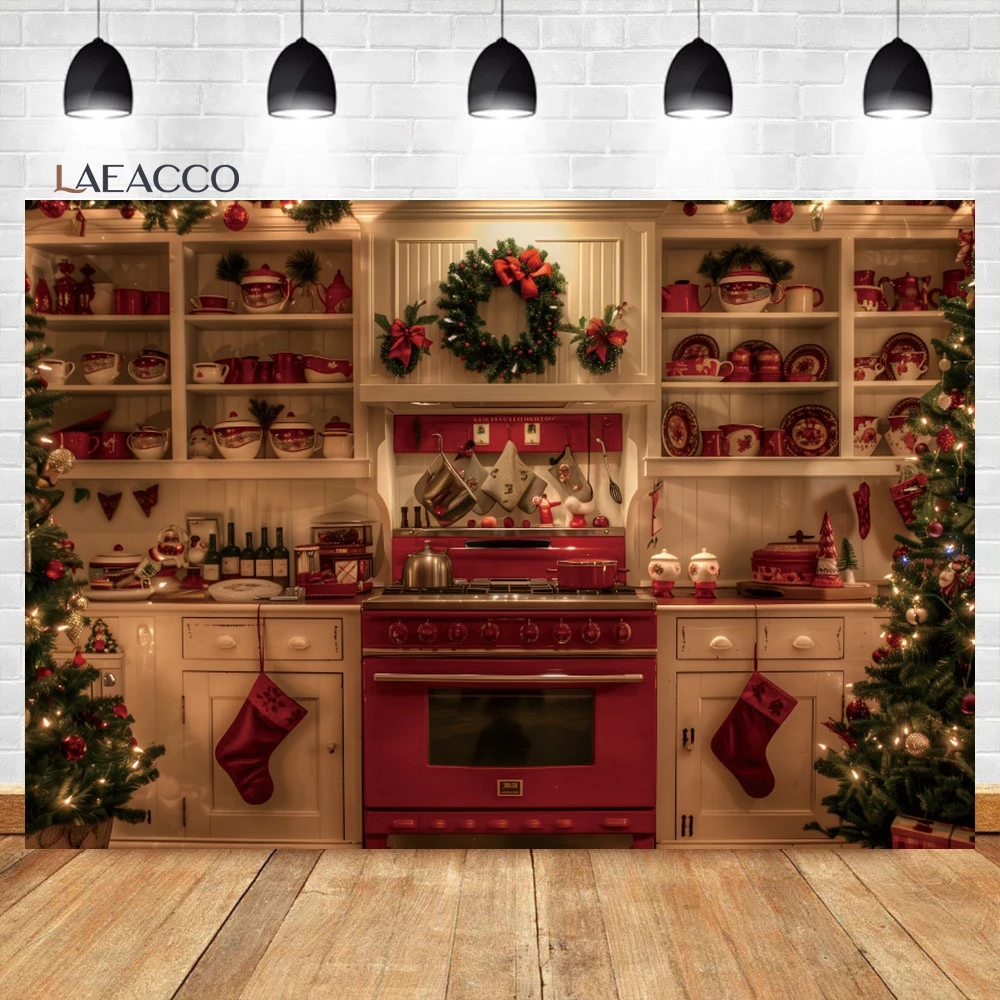 Laeacco Christmas Kitchen Photography Backdrops Retro Wood House Interior Xmas Trees Gift Kid Adult Birthday Portrait Background