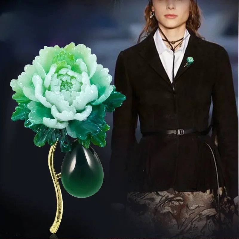 Vintage Resin Stone Green Peony Brooch for Woman Flower Lapel Pins Chinese Style Party Wedding Suit Coat Jewelry Gifts image 4
