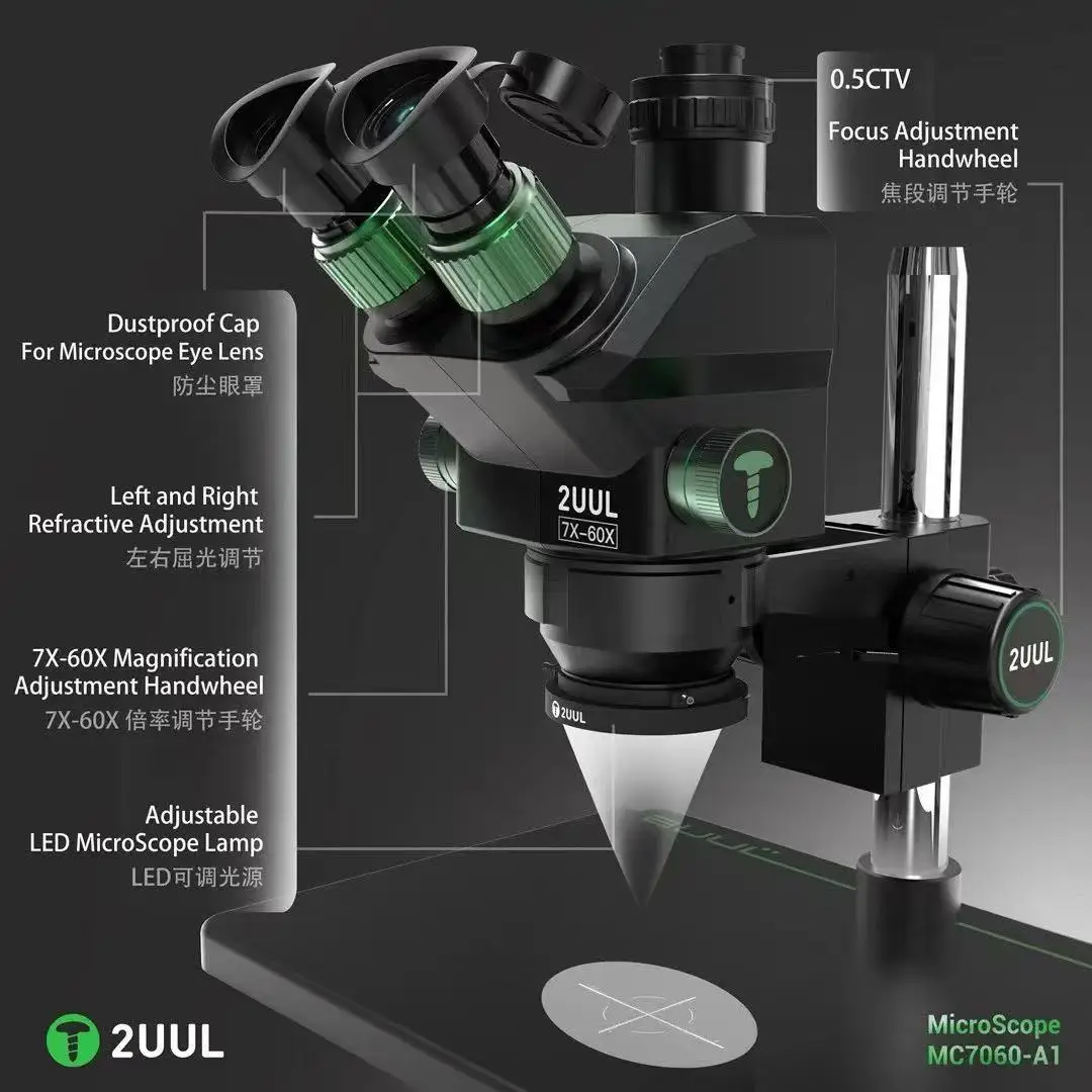 2UUL MC7060-A1 Microscope 7-60X Trinocular Precision Micsocope for Mobile Phone PCB Micro-Work Repair Tool