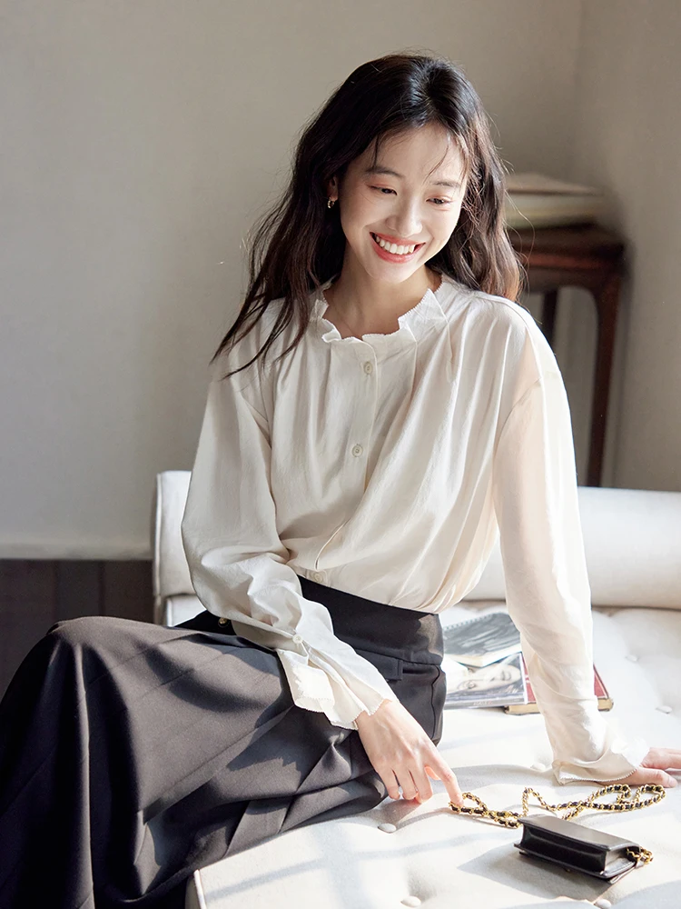 

Женская белая шелковая блузка Moriirose: осенний винтажный топ с рукавами-колокол, дизайнерский крой, однотонный, с воротником-стойкой, длинный рукав