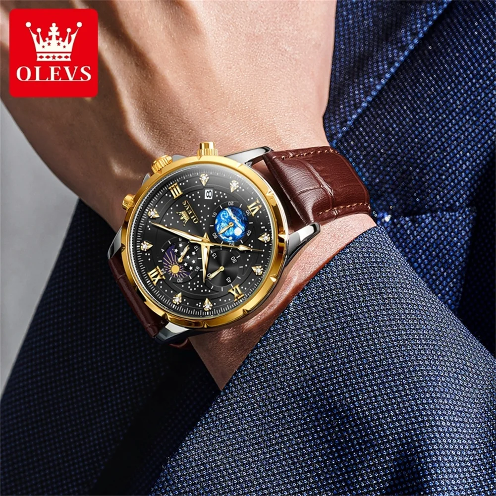 OLEVS 9807 Men\'s Watches Original Quartz Watch for Man Multifuncion Chronograph Waterproof Luminous Moon Phase 24 Hours Display