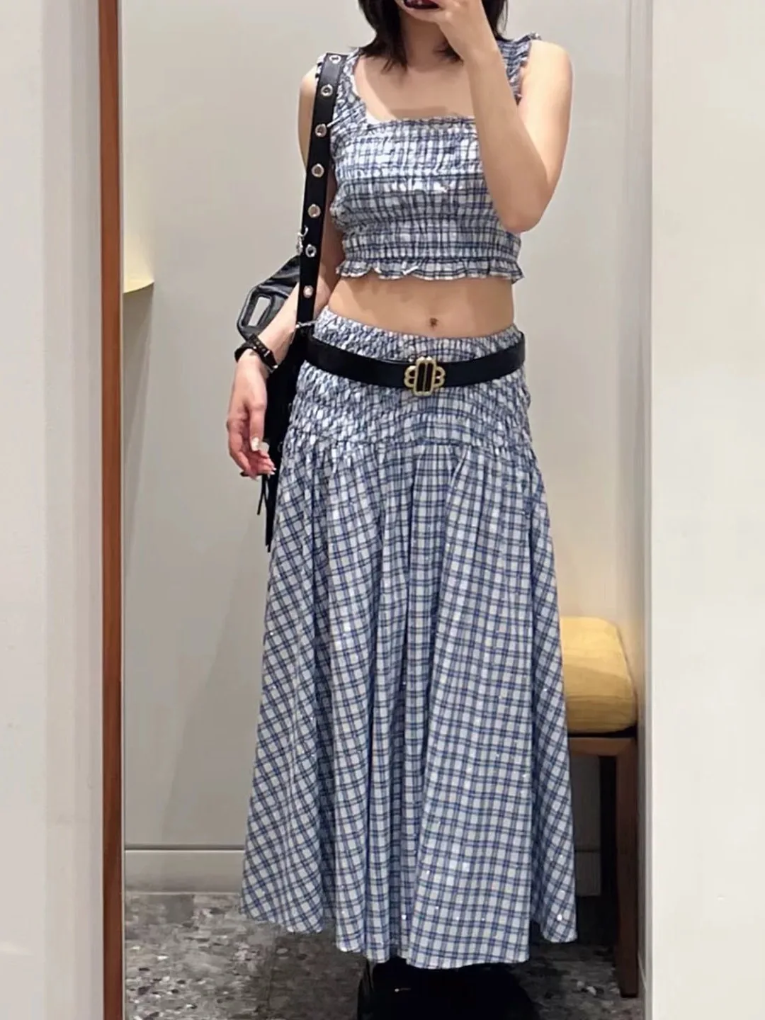 

College Style Blue And White Plaid Diamond Embellished Halter Top And Skirt Two Piece Set Breathable Cotton Summer Outfit
