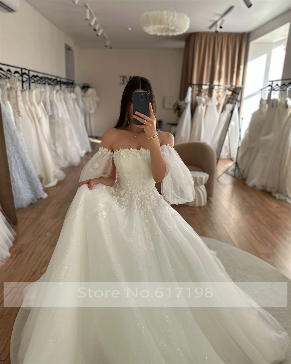 Customzied Elegant Boat Collar Tulle Wedding Party Dress with Lace A-line Backless Court Wedding Gown with Detachable Sleeve