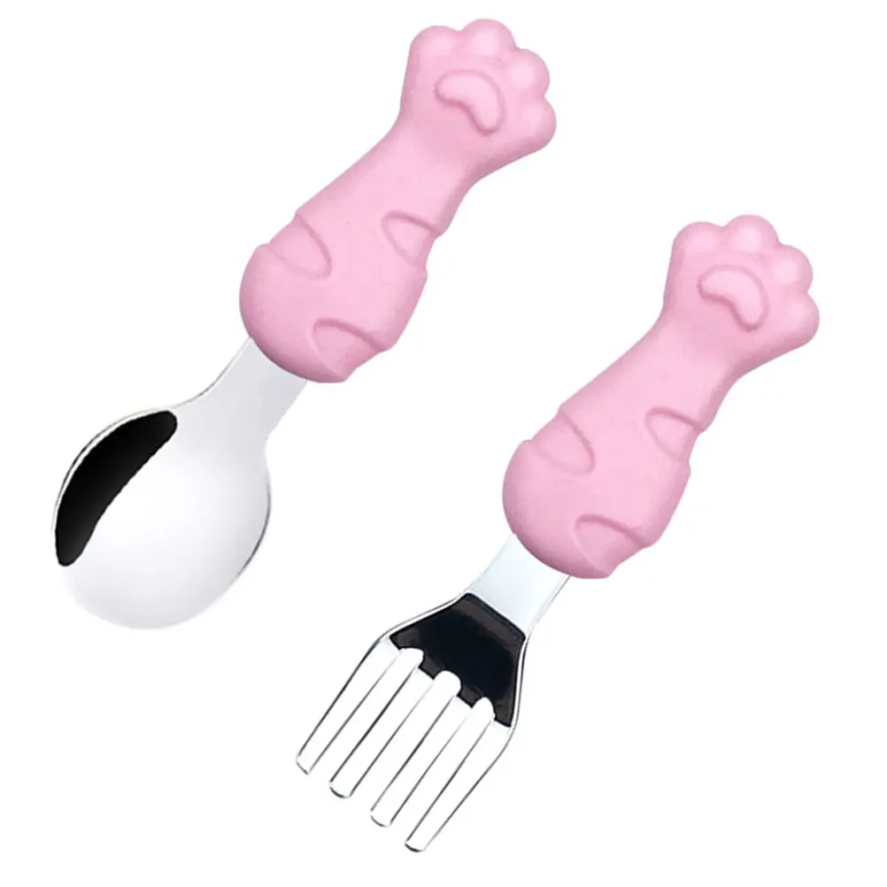 

1Set Baby -Feeding Supplies Silicone Handle Fork Spoon Set Stainless Steel Feeding Tools Non-Slip Short Handle