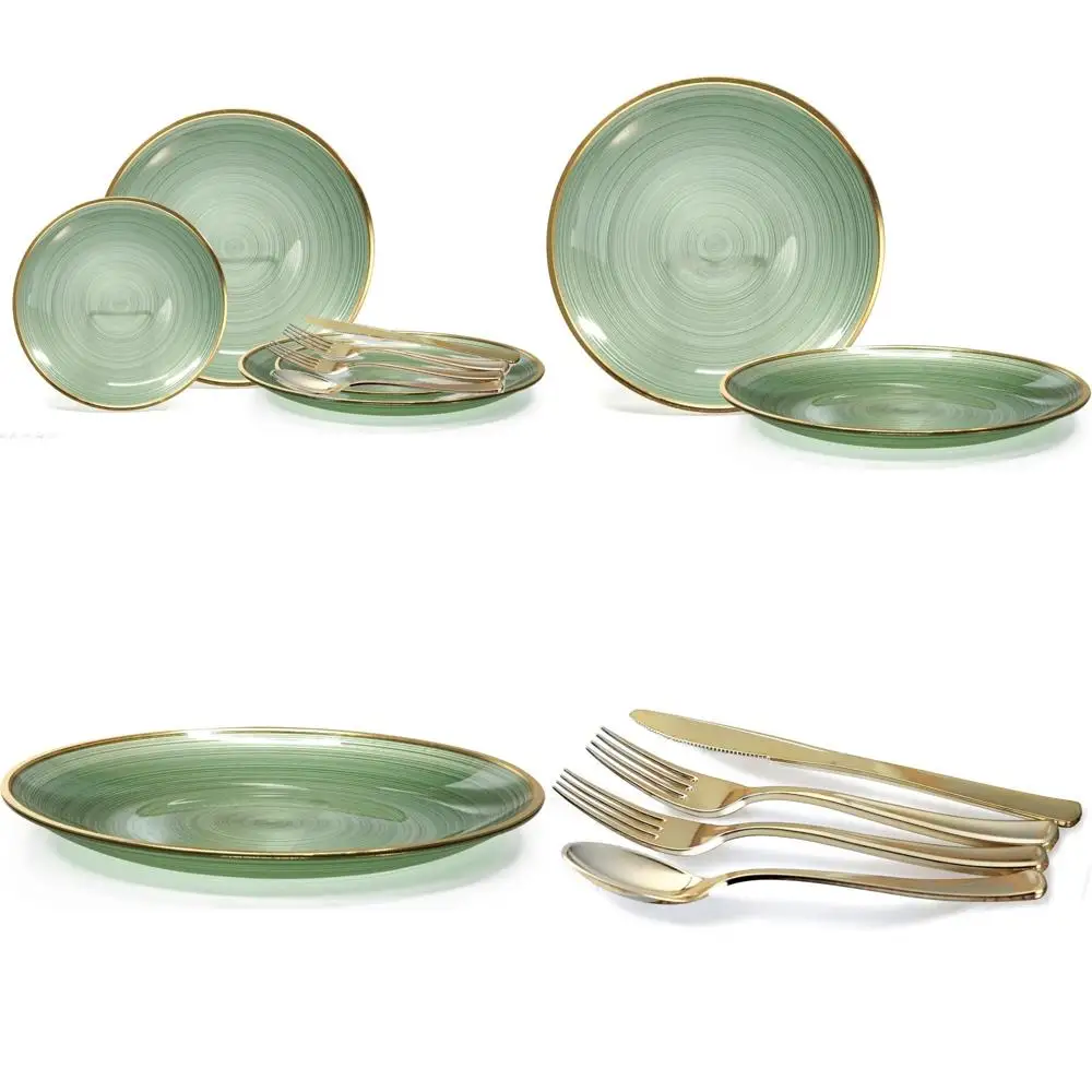 

Disposable Wedding Dinnerware Set for 25 Guests: 10 and 7 Plastic Plates with Gold and Silver Cutlery