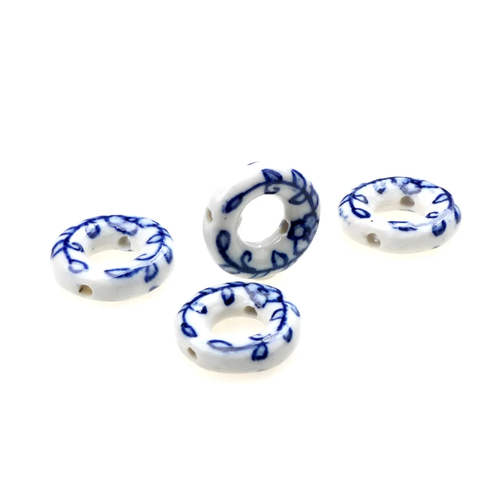 6Pcs/Lot 18MM Ceramic Loose Bead Blue And White Double Hole Nostalgia DIY Bracelet Necklace Earrings For Women Jewelry Making