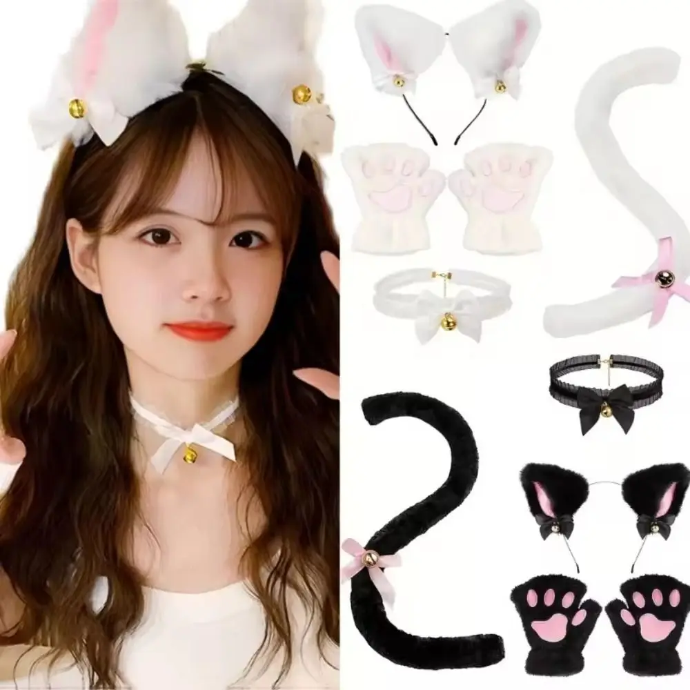 Cute Cat Woman Cat Ears Headband Set Lolita Jk Cosplay Headwear Cat Paw Gloves Bow Halloween Dress Up Student