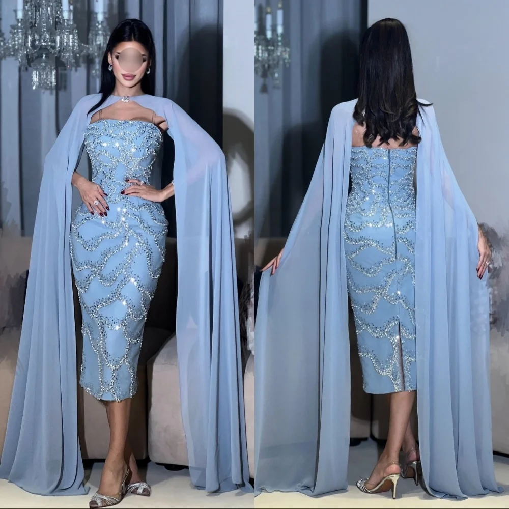 

Customized Charmeuse Sequined Charming Evening Dress Shawl Elegant Party Wedding Bespoke Occasion Straight Midi Dresses Sparkle