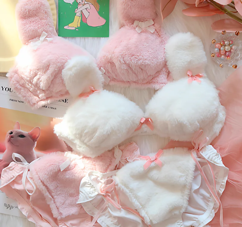 Warm Fleece Bunny~Plush Underwear  Winter Cute Rabbit Bra Set Wire-Free Set Warmth & Lift Lingerie With Panties