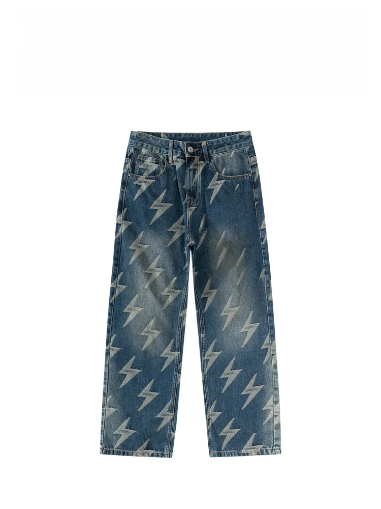 

BAIRBAOLIY American Style Lightning Pattern Straight Leg Jeans Trendy Cool Hipster High End Feeling Long Pants for Youth