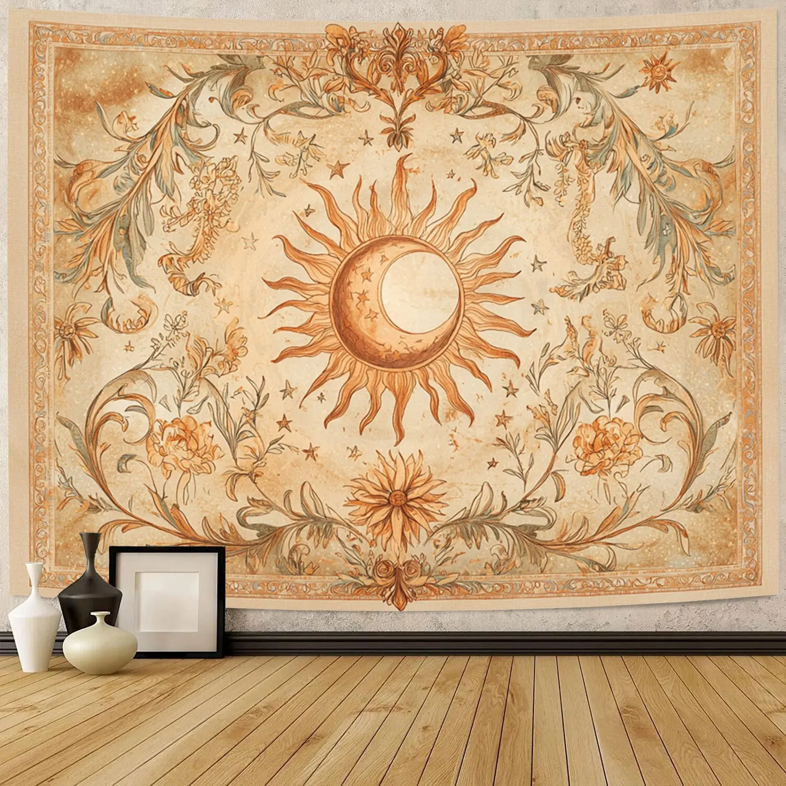 Sun And Moon Tapestry Vintage Bohemian Wall Hanging With Intertwined Sun Moon And Floral Classical Patterns. Suitable For Living