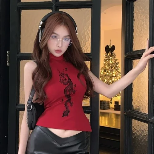 Imagen 2 del producto Camisetas de cuello alto para mujer, camisetas sexis ajustadas sin mangas, camisetas para mujer, novedad de verano primavera 2023, ropa de calle Vintage Y2k