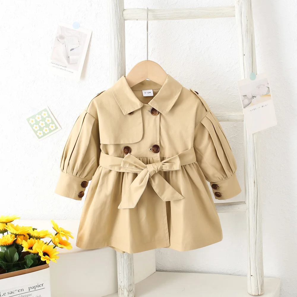 Girls\' Trench Coat Autumn New Double Breasted Windproof Long Sleeved Belt Princess Style Lapel Solid Color Jacket