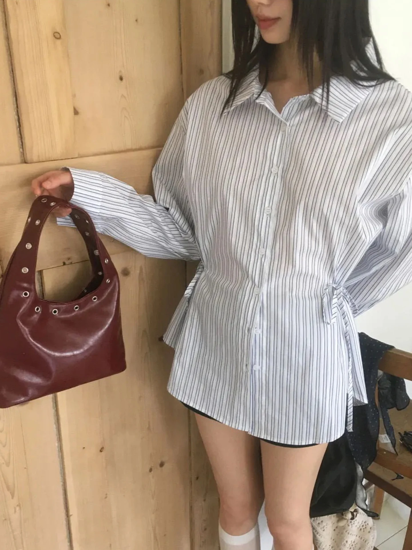 Csa a Rayas de Corte Ajustado para Mujer, Estilo Casual, Lazada Lateral, Cintura Ajustada, Manga Larga, Top Moderno, Noved...